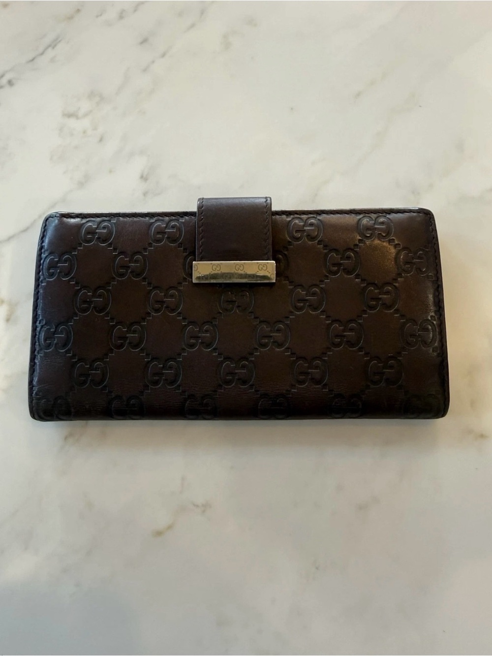 Gucci Brown Embossed GG Leather Continental Wallet with Gold Accent